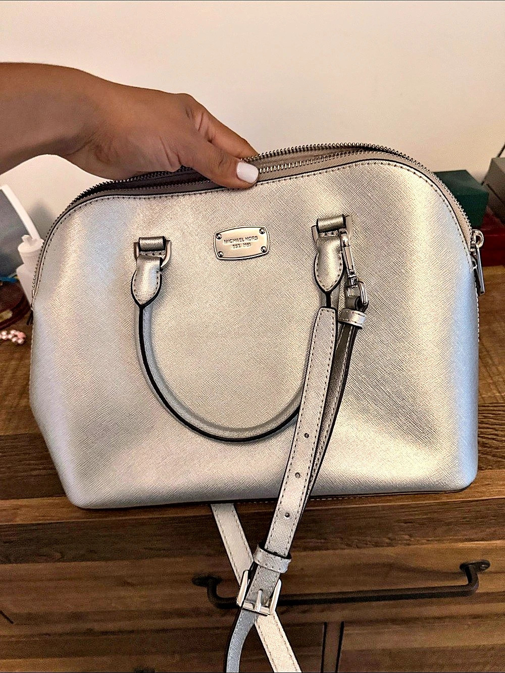 Michael Kors Ciara Saffiano Leather Medium Dome Satchel Silver